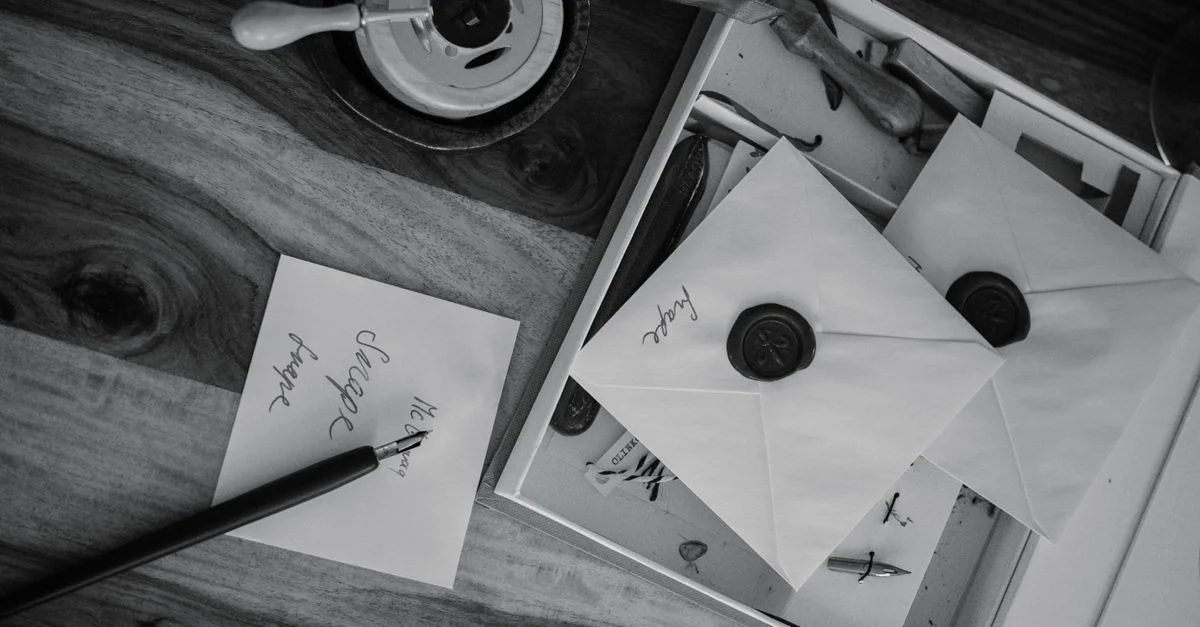 Photo en noir et blanc d'enveloppes anciennes avec des cachets de cire et des outils de calligraphie sur un bureau en bois.