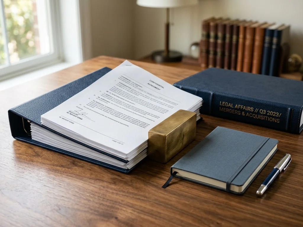Documents juridiques officiels et reliure en cuir sur un bureau de direction sobre.