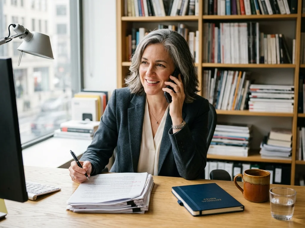 Rédactrice professionnelle en plein appel téléphonique dans un bureau lumineux entourée de documents de travail.